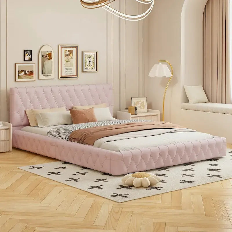 Struttura letto imbottita in velluto trapuntato rosa/bianco – Queen, adatta a 1-2 persone