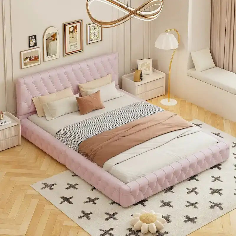 Struttura letto imbottita in velluto trapuntato rosa/bianco – Queen, adatta a 1-2 persone