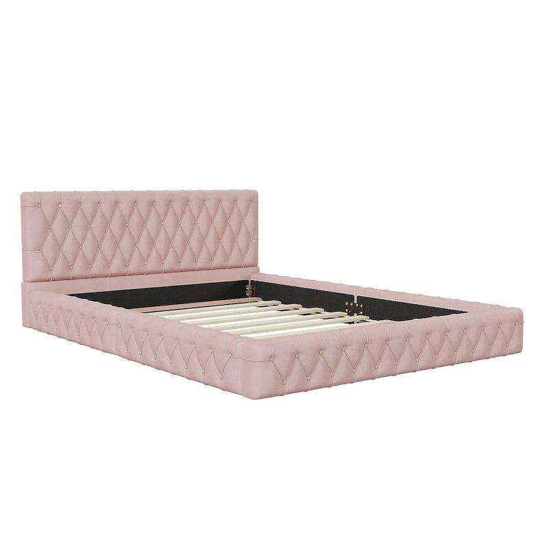 Struttura letto imbottita in velluto trapuntato rosa/bianco – Queen, adatta a 1-2 persone