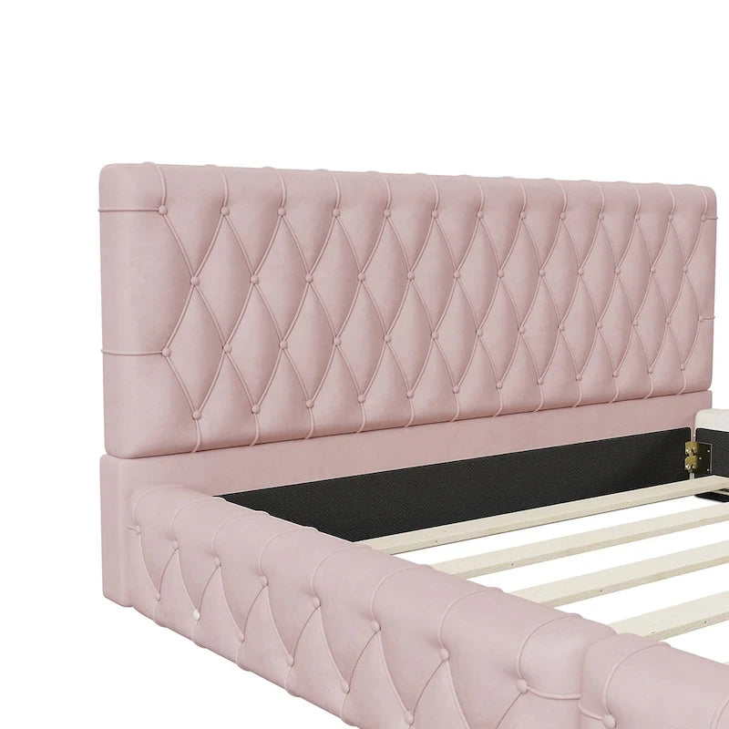 Struttura letto imbottita in velluto trapuntato rosa/bianco – Queen, adatta a 1-2 persone