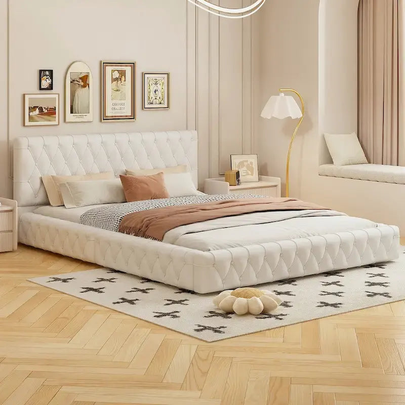 Struttura letto imbottita in velluto trapuntato rosa/bianco – Queen, adatta a 1-2 persone
