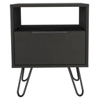Comodino, ripiano aperto e armadietto a un'anta, gambe a forcina, beige/nero