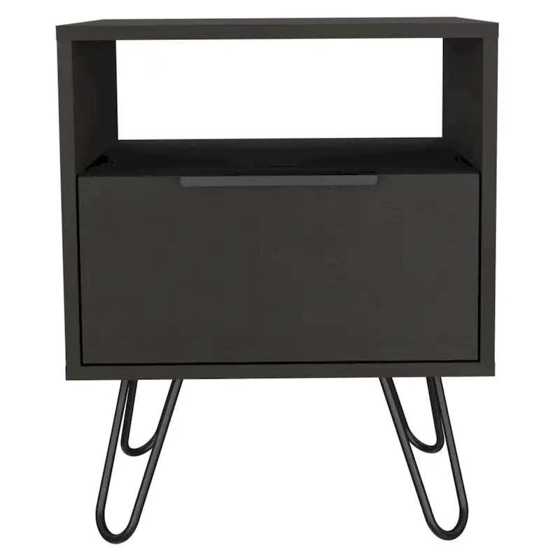 Comodino, ripiano aperto e armadietto a un'anta, gambe a forcina, beige/nero