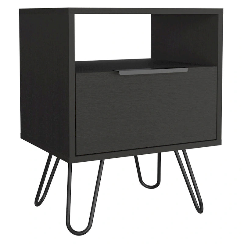 Comodino, ripiano aperto e armadietto a un'anta, gambe a forcina, beige/nero