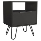 Comodino, ripiano aperto e armadietto a un'anta, gambe a forcina, beige/nero