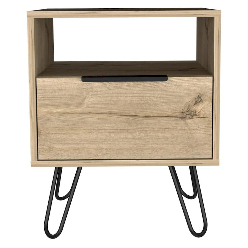 Comodino, ripiano aperto e armadietto a un'anta, gambe a forcina, beige/nero