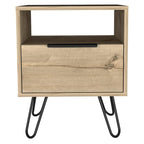 Comodino, ripiano aperto e armadietto a un'anta, gambe a forcina, beige/nero