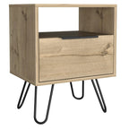 Comodino, ripiano aperto e armadietto a un'anta, gambe a forcina, beige/nero