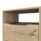 Comodino, ripiano aperto e armadietto a un'anta, gambe a forcina, beige/nero