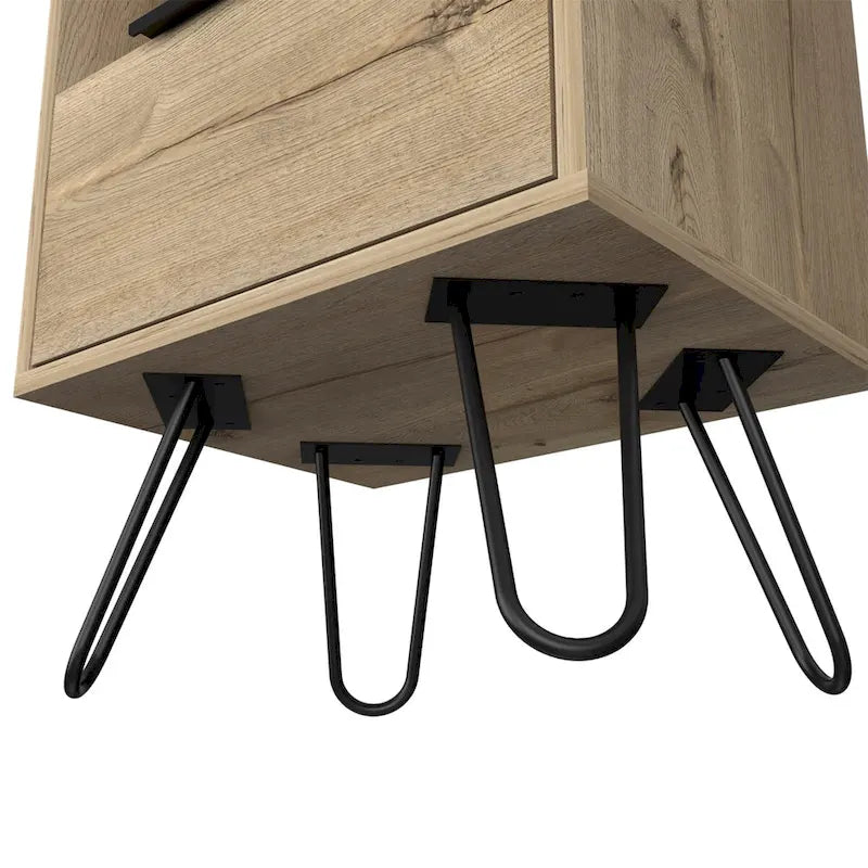 Comodino, ripiano aperto e armadietto a un'anta, gambe a forcina, beige/nero