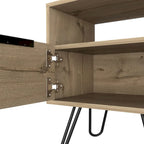 Comodino, ripiano aperto e armadietto a un'anta, gambe a forcina, beige/nero