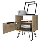 Comodino, ripiano aperto e armadietto a un'anta, gambe a forcina, beige/nero
