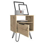 Comodino, ripiano aperto e armadietto a un'anta, gambe a forcina, beige/nero