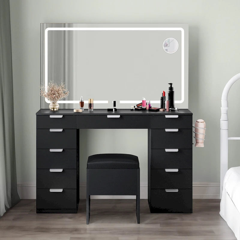 Scrivania/Toeletta illuminata in bianco e nero con specchio e sgabello, 1 persona