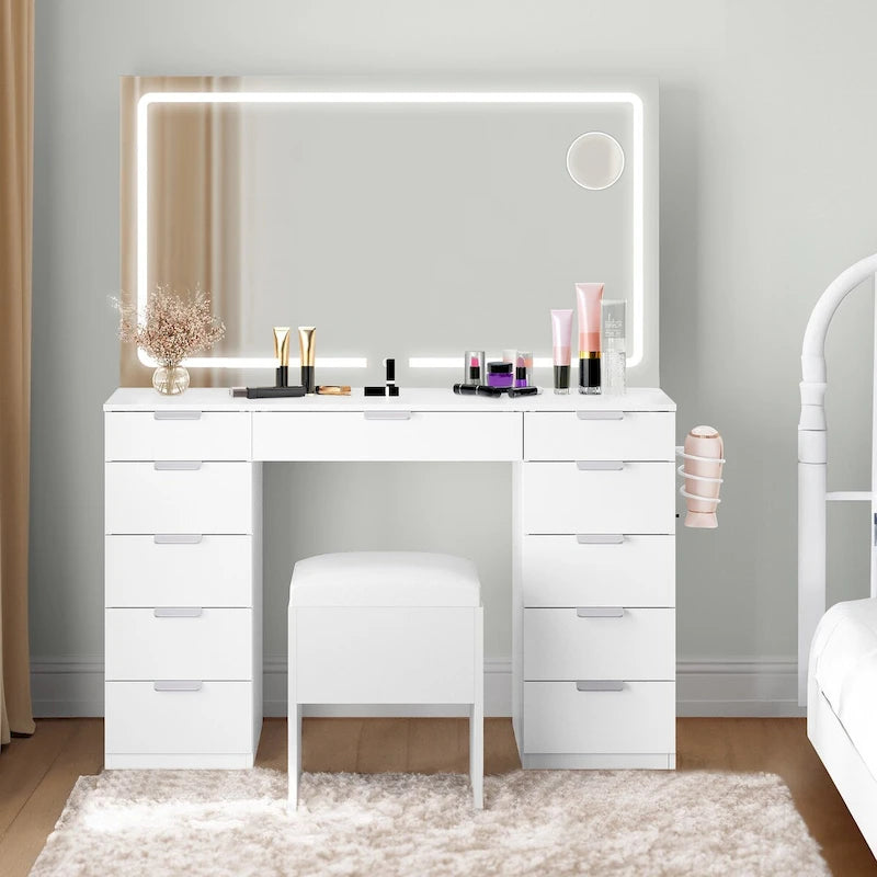 Scrivania/Toeletta illuminata in bianco e nero con specchio e sgabello, 1 persona