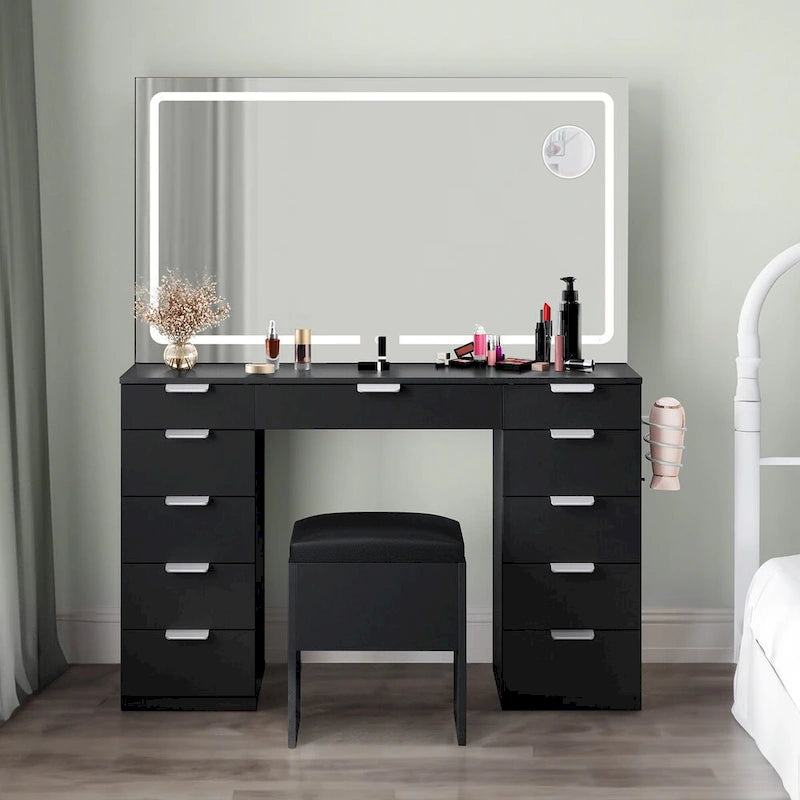 Scrivania/Toeletta illuminata in bianco e nero con specchio e sgabello, 1 persona