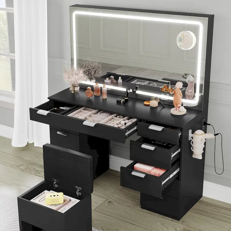 Scrivania/Toeletta illuminata in bianco e nero con specchio e sgabello, 1 persona
