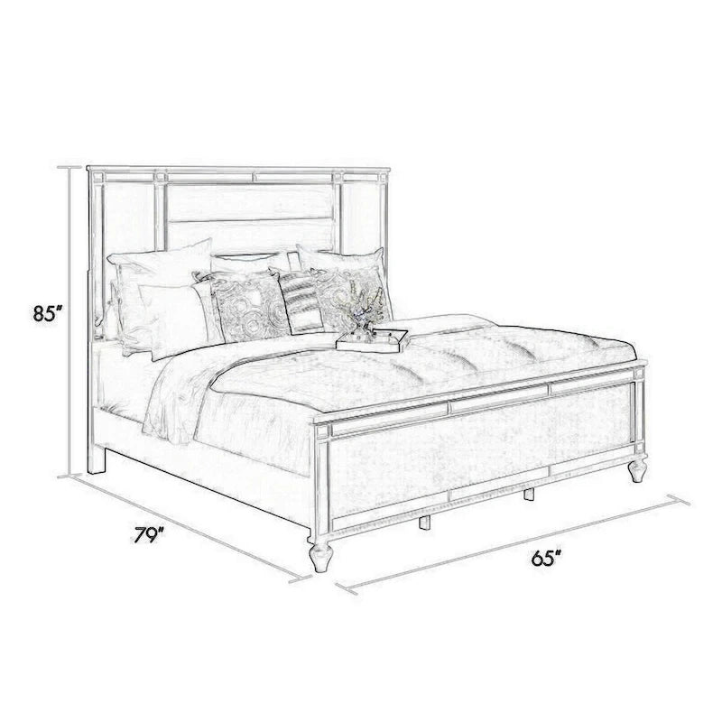 Letto king in velluto argentato capitonné con LED e profili a specchio