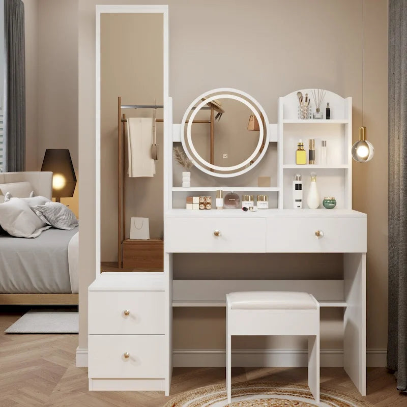 Bianco/Nero, Set Toilette con Specchio Rotondo LED, Armadietto a Specchio a Figura Intera e Sgabello, 1 Persona