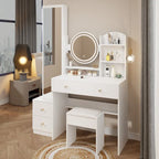 Bianco/Nero, Set Toilette con Specchio Rotondo LED, Armadietto a Specchio a Figura Intera e Sgabello, 1 Persona