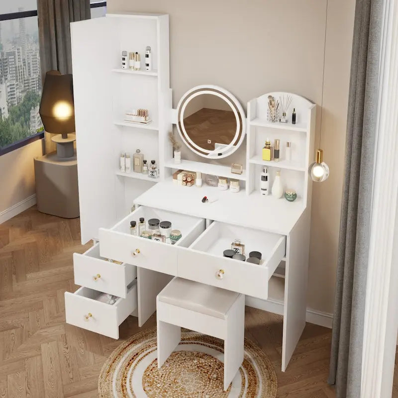 Bianco/Nero, Set Toilette con Specchio Rotondo LED, Armadietto a Specchio a Figura Intera e Sgabello, 1 Persona