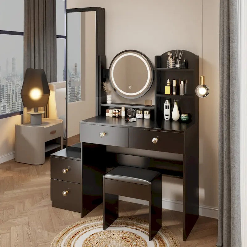 Bianco/Nero, Set Toilette con Specchio Rotondo LED, Armadietto a Specchio a Figura Intera e Sgabello, 1 Persona