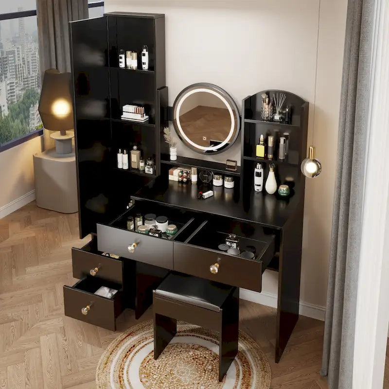 Bianco/Nero, Set Toilette con Specchio Rotondo LED, Armadietto a Specchio a Figura Intera e Sgabello, 1 Persona