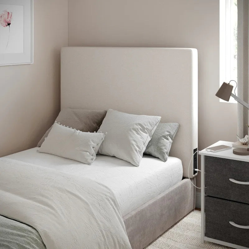 Testiera imbottita grigio/beige con porte di ricarica – Per 1
