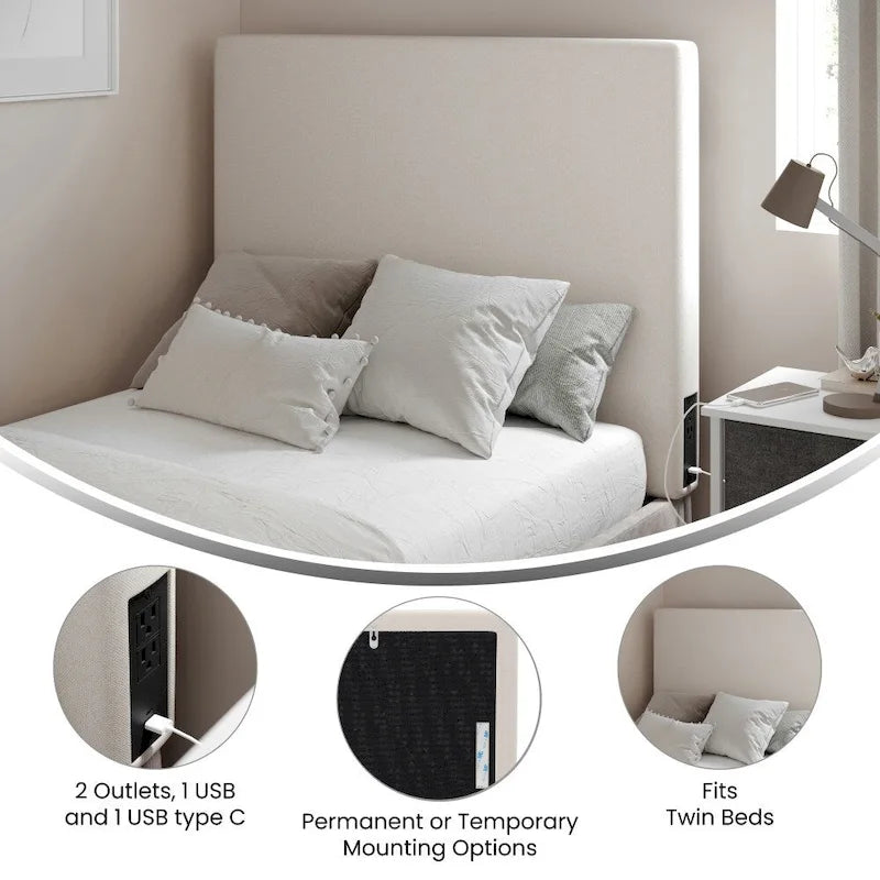 Testiera imbottita grigio/beige con porte di ricarica – Per 1