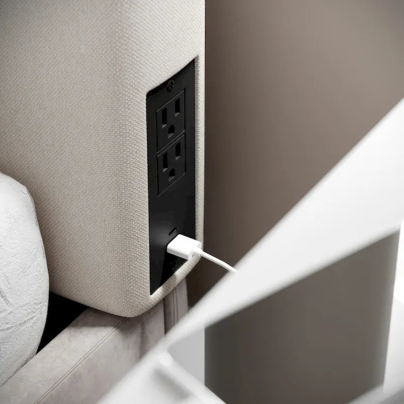 Testiera imbottita grigio/beige con porte di ricarica – Per 1