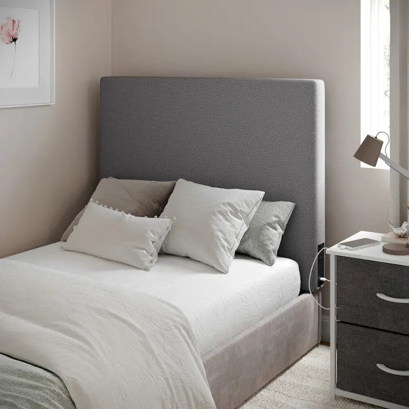 Testiera imbottita grigio/beige con porte di ricarica – Per 1