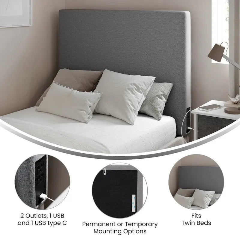 Testiera imbottita grigio/beige con porte di ricarica – Per 1
