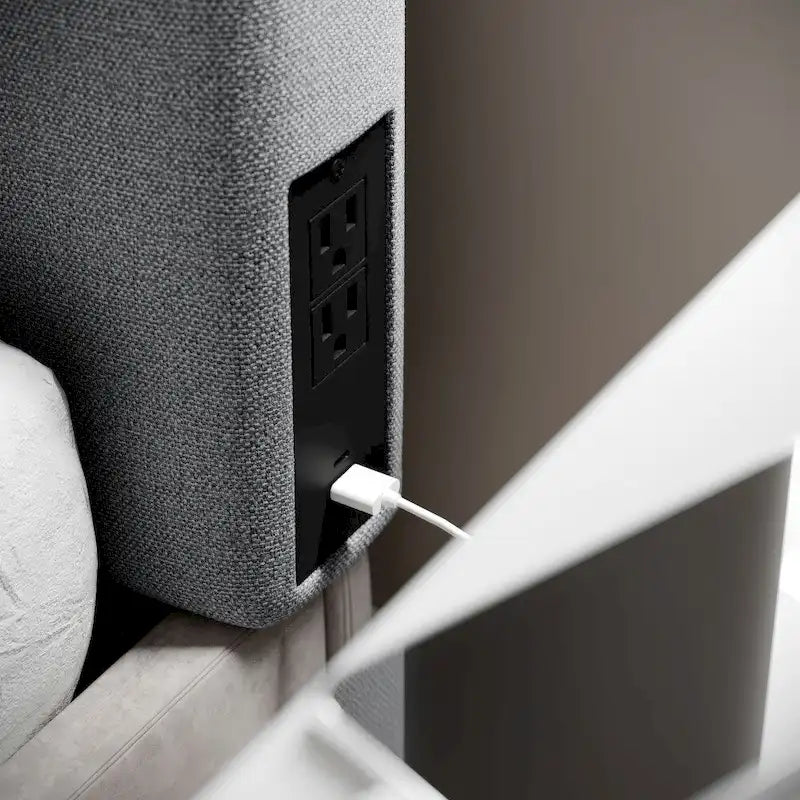 Testiera imbottita grigio/beige con porte di ricarica – Per 1