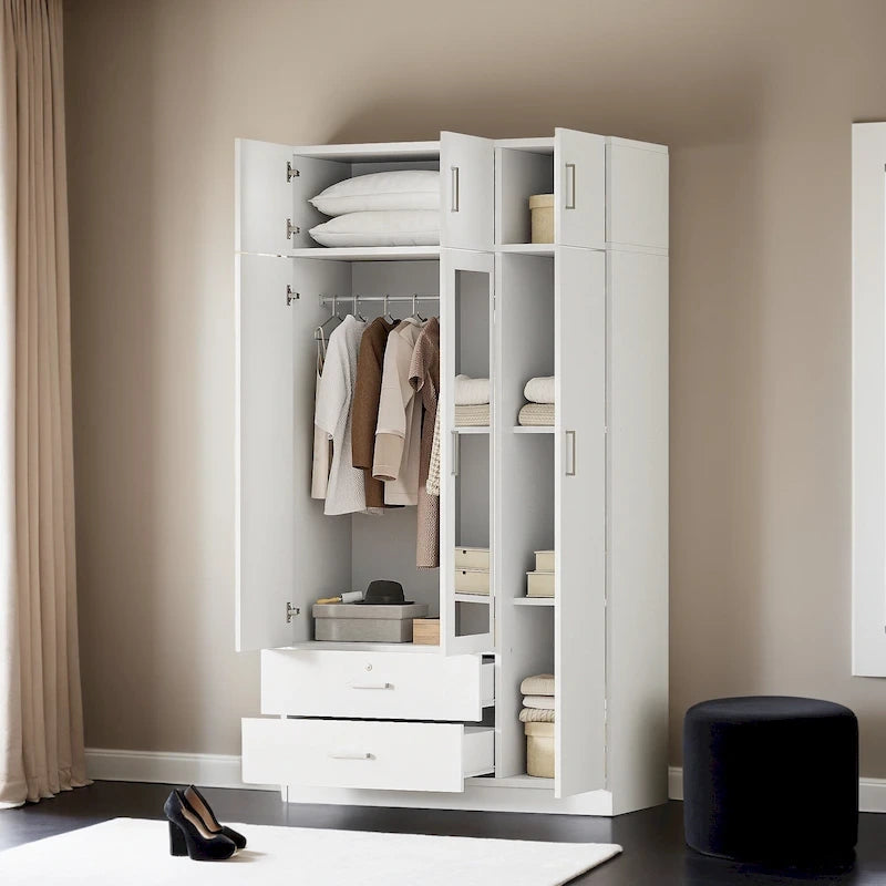 Armadio a 3 ante grigio/bianco con specchio, 2 cassetti e pensile superiore – Per 1 persona