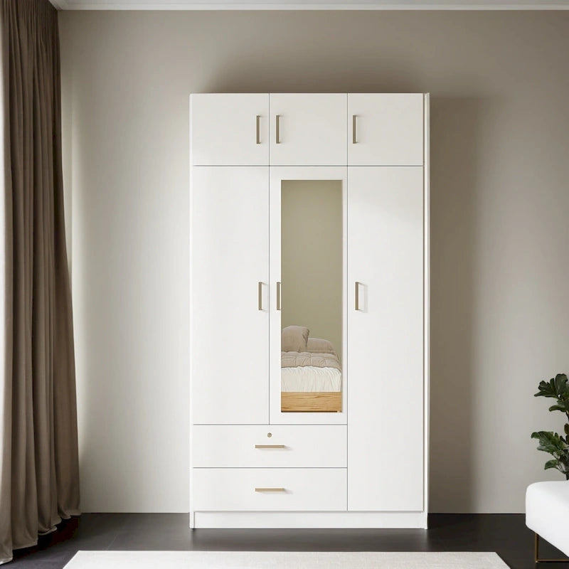 Armadio a 3 ante grigio/bianco con specchio, 2 cassetti e pensile superiore – Per 1 persona