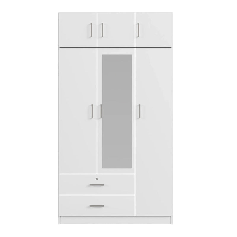 Armadio a 3 ante grigio/bianco con specchio, 2 cassetti e pensile superiore – Per 1 persona